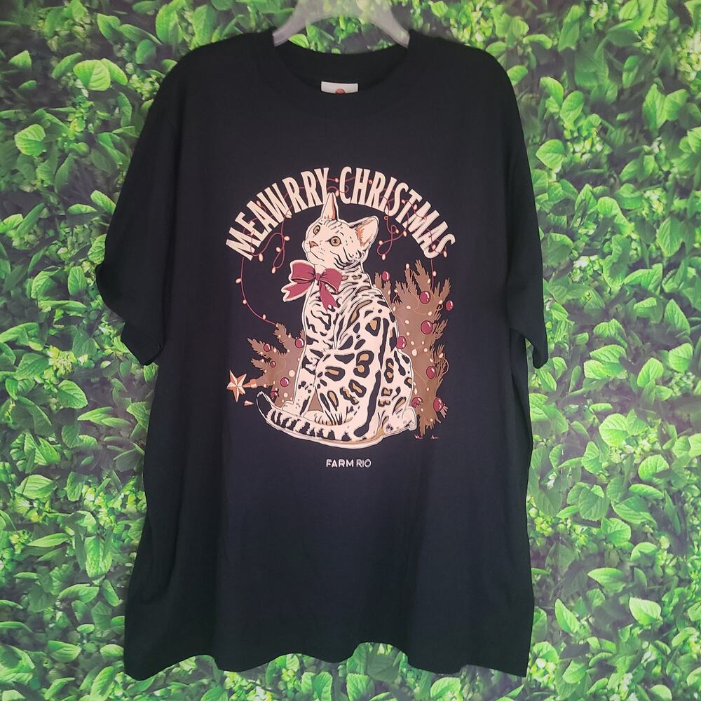 Farm Rio Christmas Cat Graphic T Shirt XL Black 100% Cotton Holiday Tee